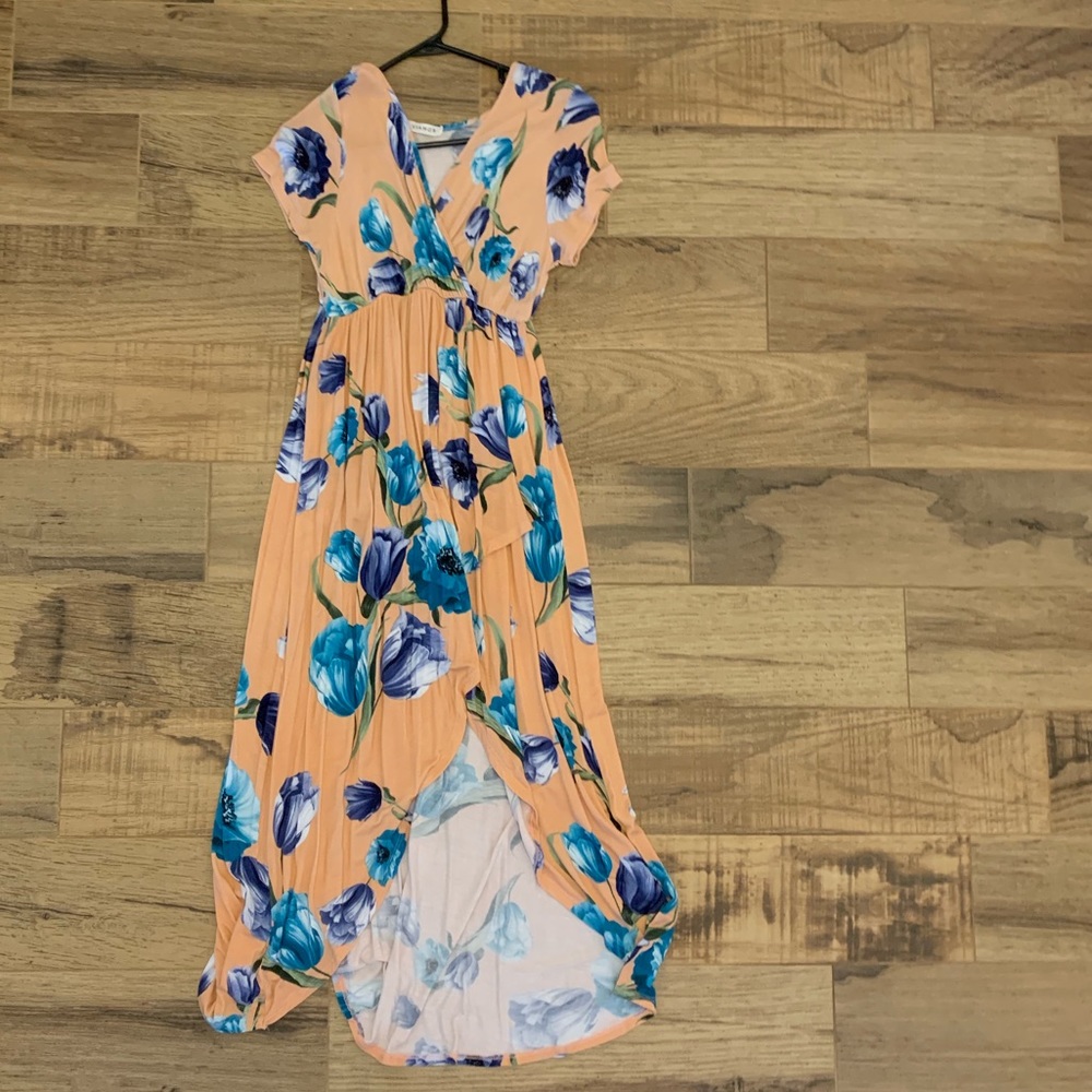 Peach Maxi Dress with Blue Flowers